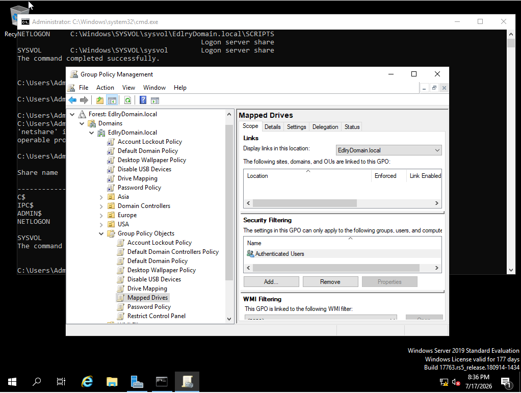 Group Policy Management console with Mapped Drives GPO